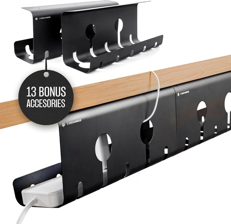 COREMINDED No-Drill Under Desk Cable Management Tray - 2-Pack Wire Organizer for Standing Desk - Cord Management System with Power Strip Holder - L - Image 1